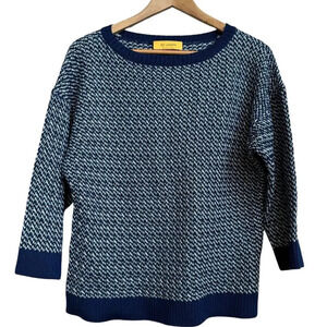 St. John Blue White Textured Knit Wool Sweater Jumper Size Medium 3/4 Sleeves